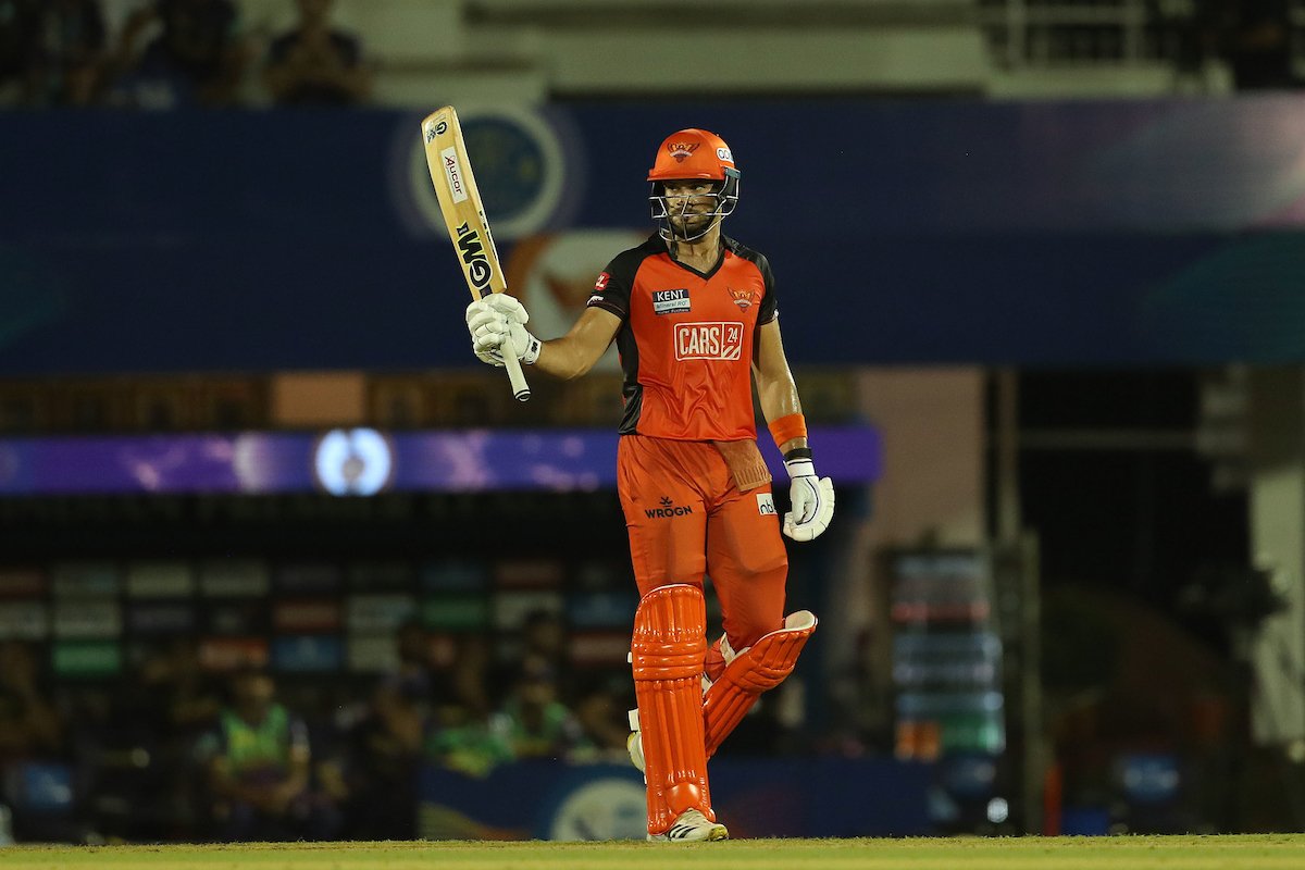 Aiden Markram of the Sunrisers Hyderabad celebrates his fifty during match 25 of the TATA Indian Premier League 2022 (IPL season 15) between the Sunrisers Hyderabad and the Kolkata Knight Riders held at the Brabourne Stadium (CCI) in Mumbai on the 15th April 2022